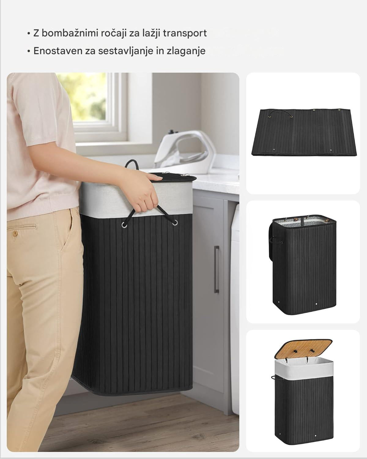 SONGMICS zložljiva bambusova košara za perilo s pokrovom – črna, 72 L