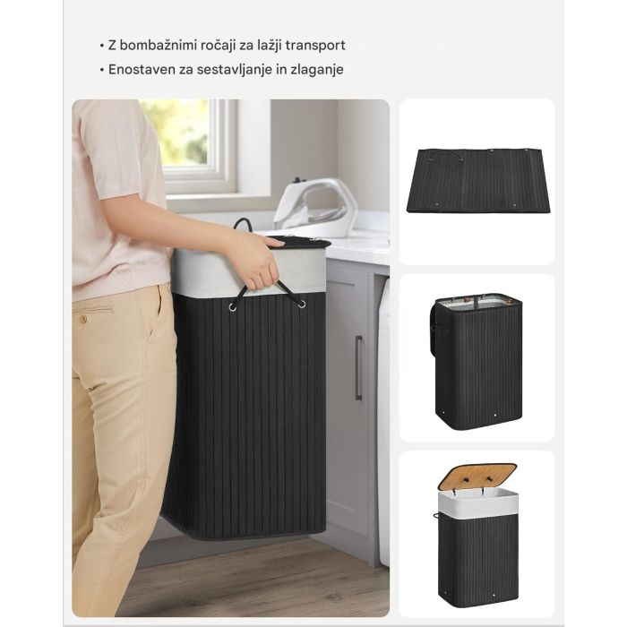 SONGMICS zložljiva bambusova košara za perilo s pokrovom – črna, 72 L