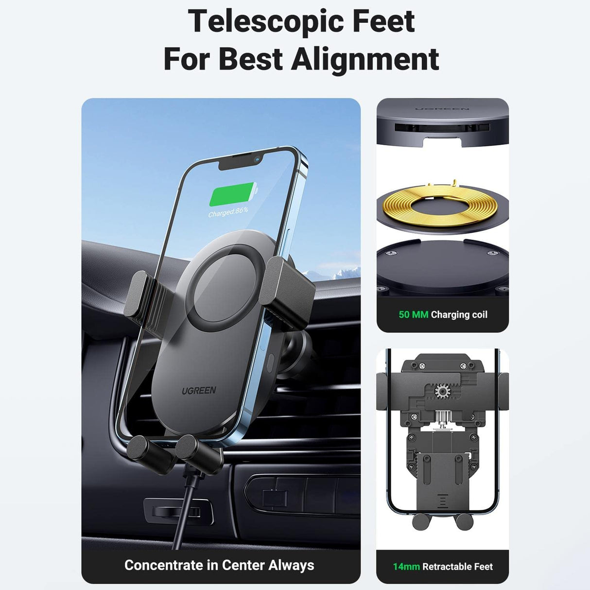 UGREEN 15W Qi indukcijski avtomobilski polnilnik in držalo za telefon