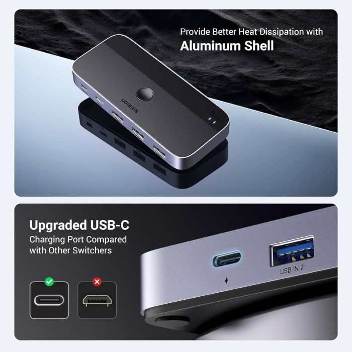 UGREEN USB 3.0 stikalo za 2 računalnika, ki si delita naprave USB C & A