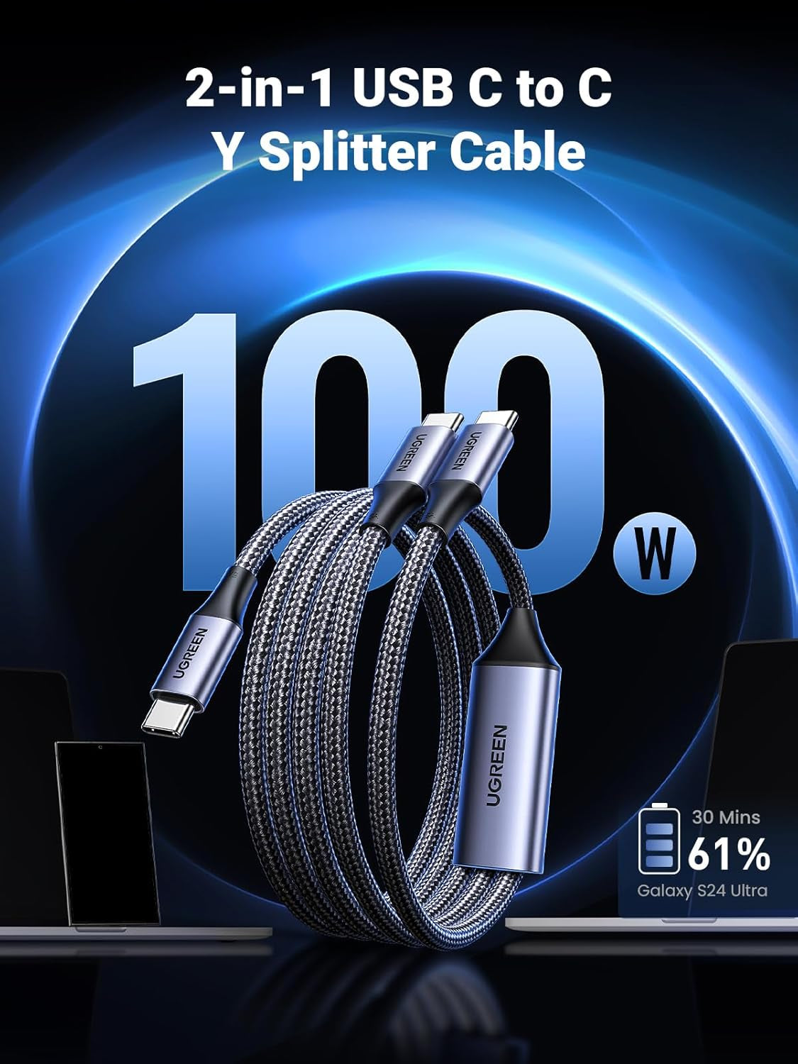 Ugreen 2v1 dvojni USB-C polnilni kabel s 100W