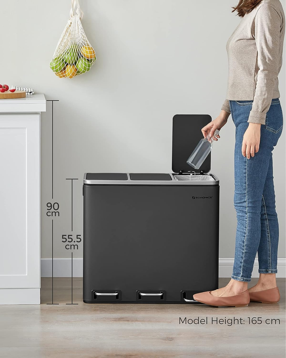 SONGMICS koš za ločevanje odpadkov 3x 18L črn, LTB54BK