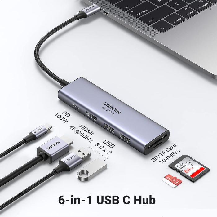 Ugreen 6v1 USB-C HUB 4K HDMI+čitalec kartic+2xUSB+PD 100W