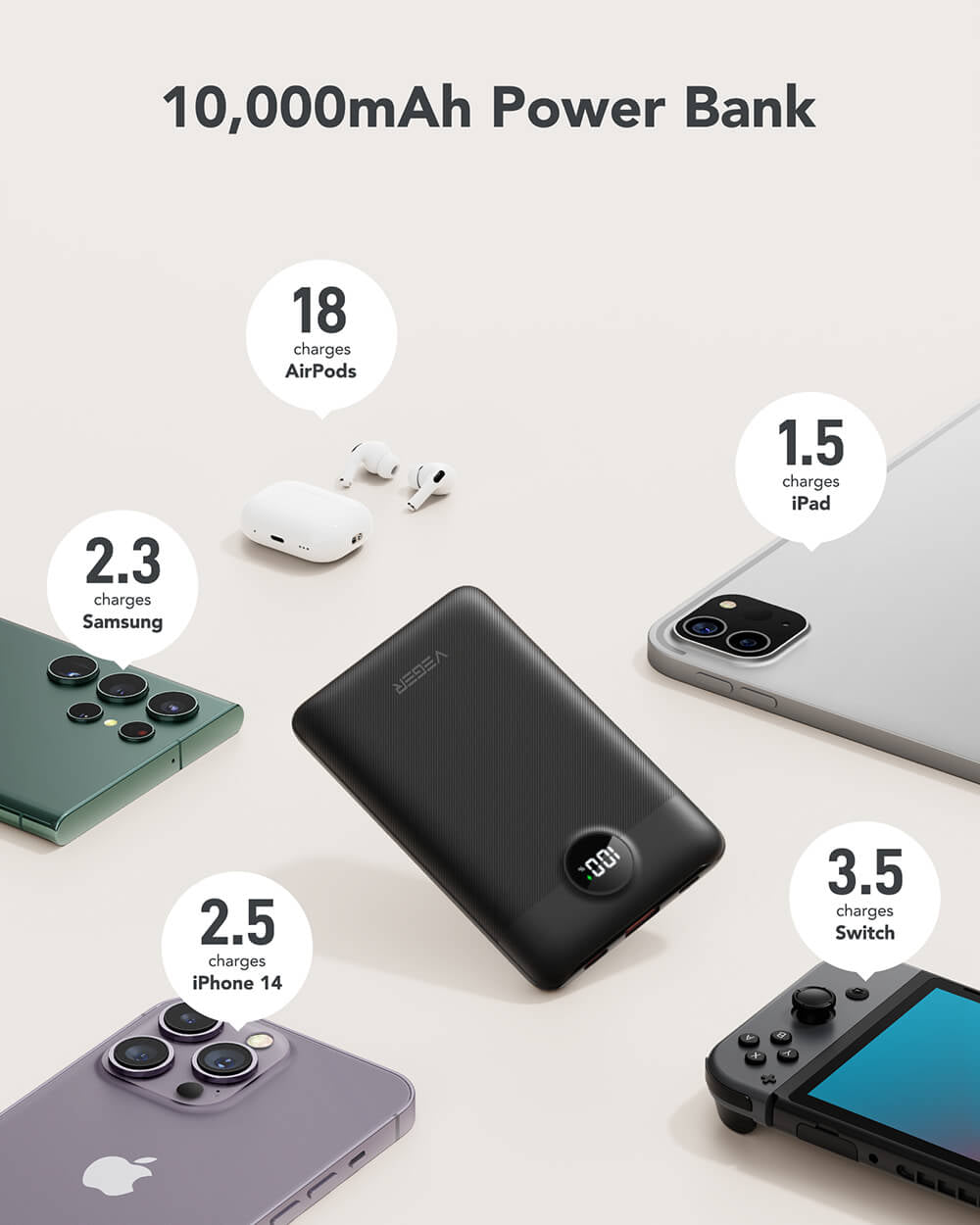 VEGER prenosna baterija z vgrajenimi kabli C11 10000 mAh, črna