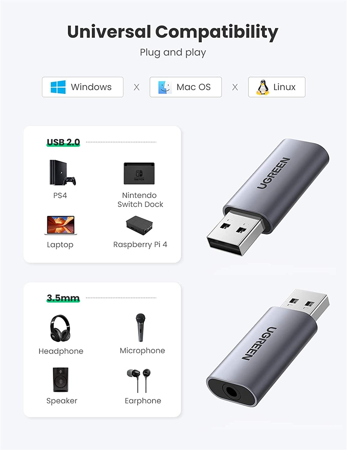 UGREEN USB zunanja zvočna kartica iz USB na 3.5mm avdio - box