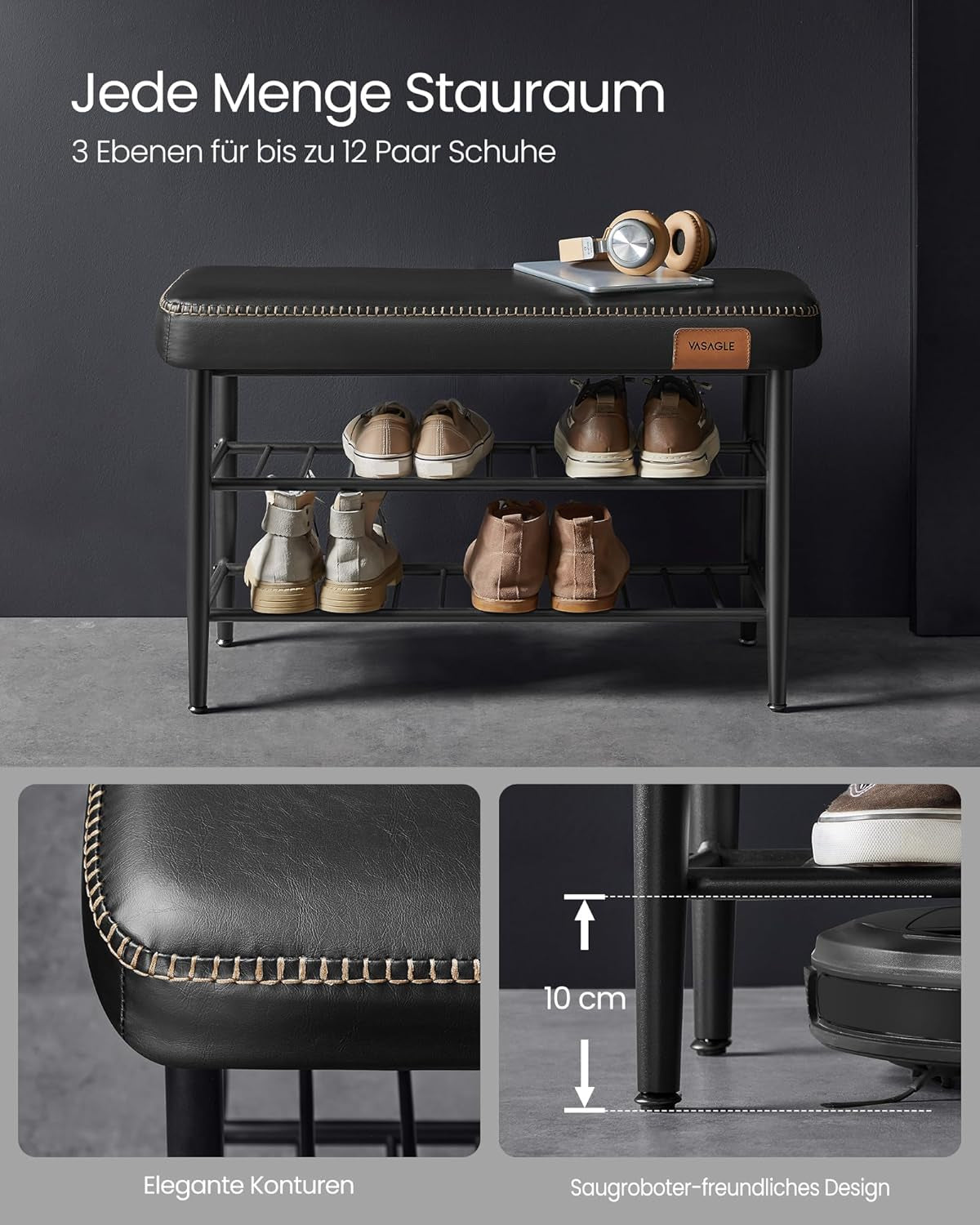 VASAGLE EKHO klop za čevlje, umetno usnje, 135 kg nosilnosti, črna, 30 x 80 x 50 cm, retro 60