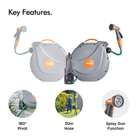 VonHaus stenski nosilec za cev 30m auto Roll-Up 8-funkcijska razpršilna pištola