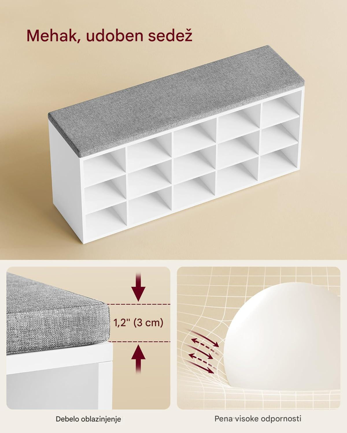 VASAGLE klop za čevlje z mehko blazino 30 x 105 x 48 cm, bela