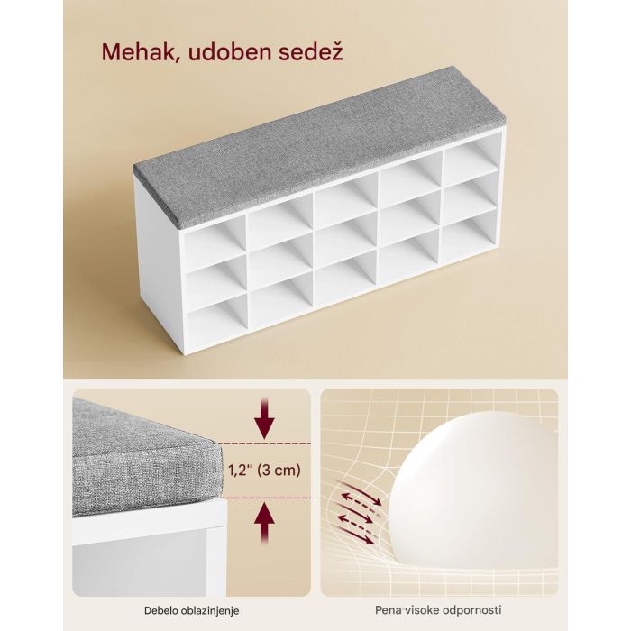 VASAGLE klop za čevlje z mehko blazino 30 x 105 x 48 cm, bela