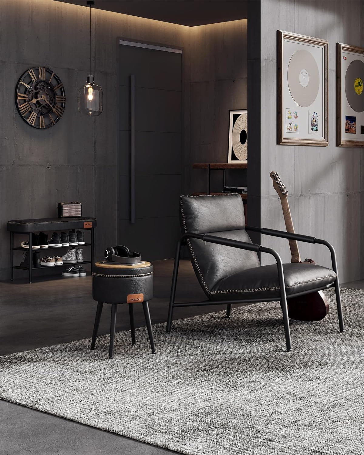 VASAGLE EKHO klop za čevlje, umetno usnje, 135 kg nosilnosti, črna, 30 x 80 x 50 cm, retro 60