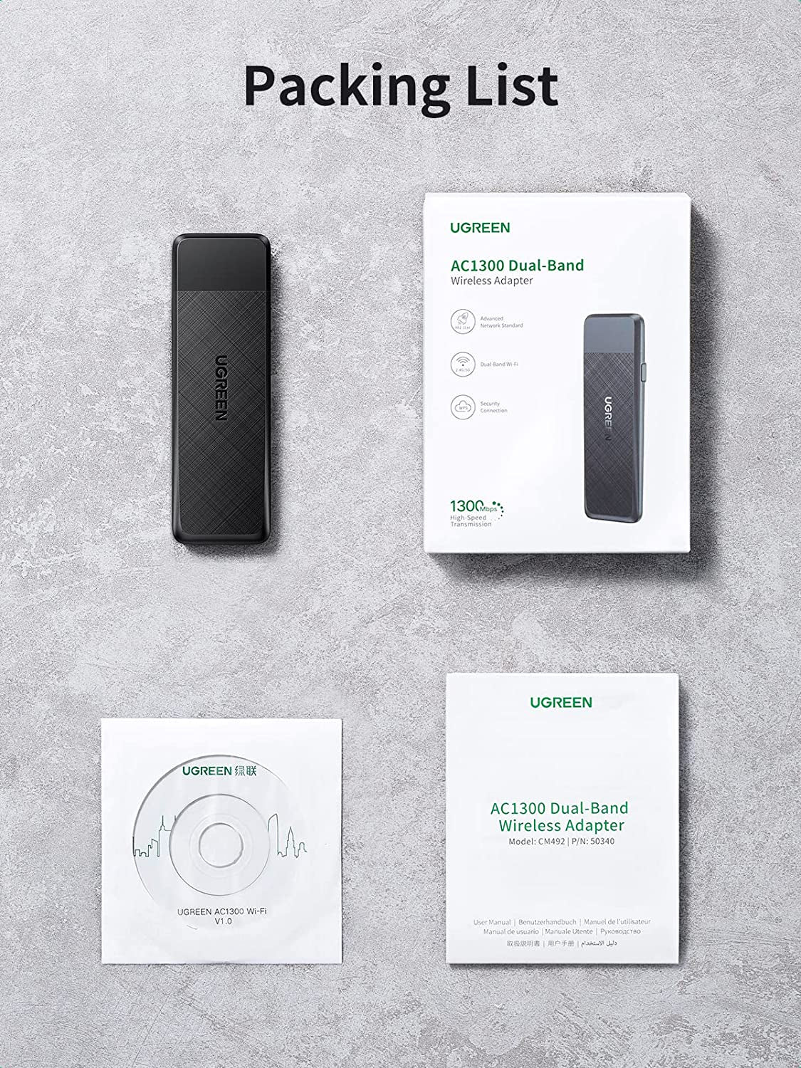 Ugreen USB WiFi adapter AC1300, 1300Mbps 802.11 Dual Band