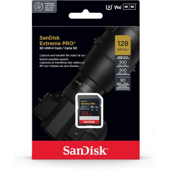 SanDisk Extreme PRO 128GB SDXC spominska kartica, 300MB/s branje/pisanje, 8K, V90, UHS-II
