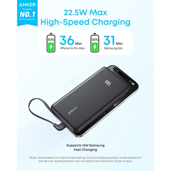 Anker Zolo Powerbank 10000 mAh, 22,5W z vgrajenim USB-C kablom, bel