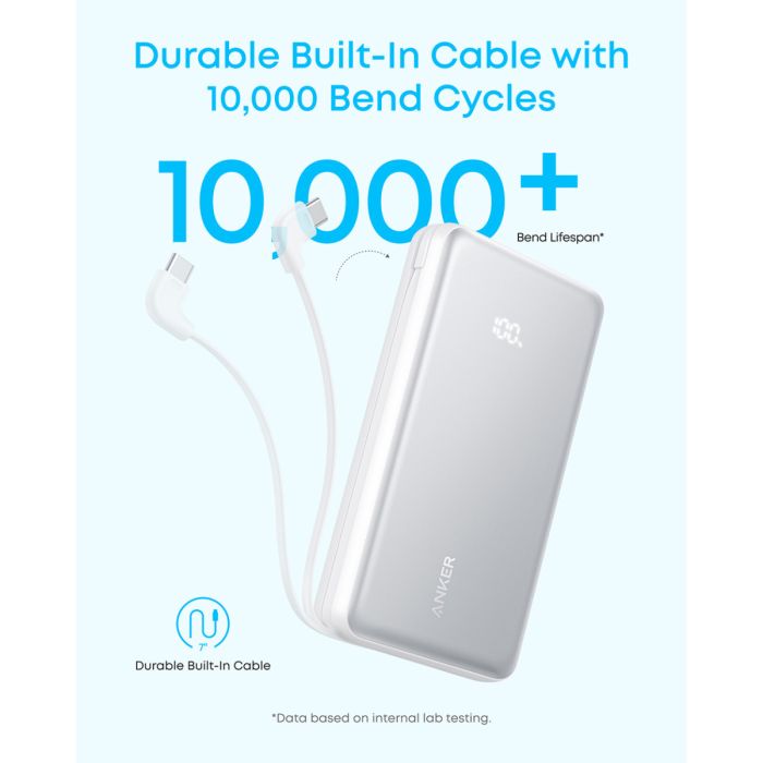 Anker Zolo Powerbank 20000 mAh, 22,5W z vgrajenim USB-C kablom, bel