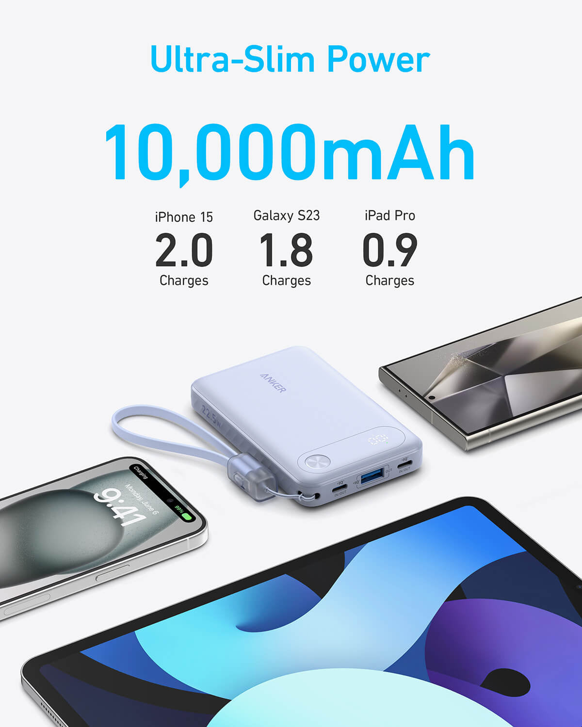 Anker Powerbank 10000 mAh, 22,5W s priloženim USB-C kablom, črn