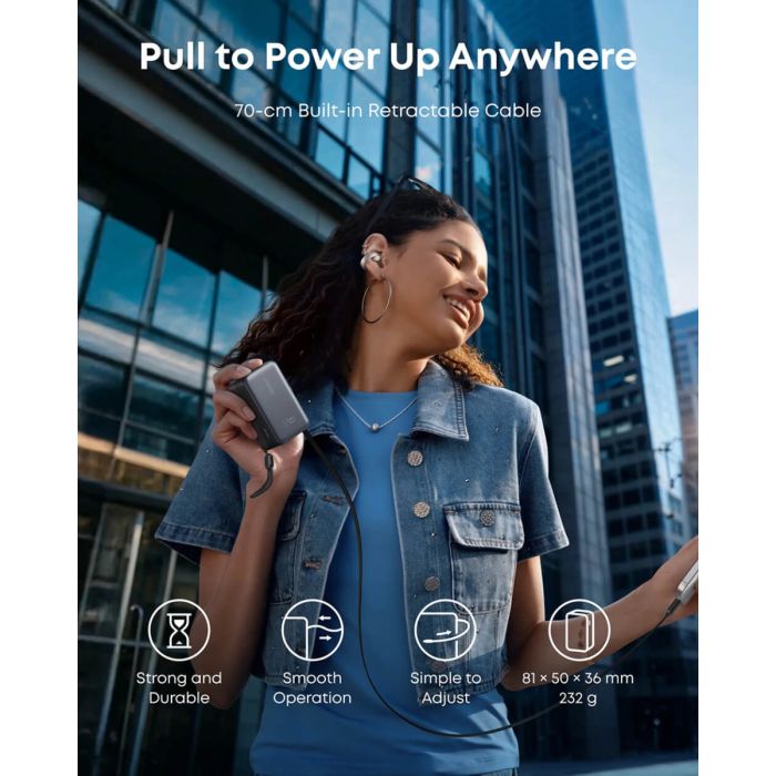 Anker Nano Power Bank 10000 mAh, 45W z vgrajenim USB-C kablom, črn