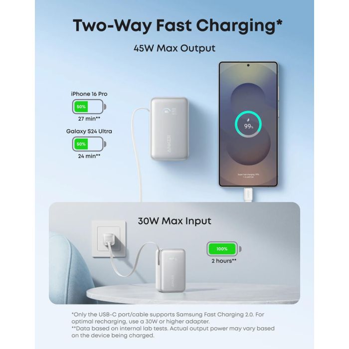 Anker Nano Power Bank 10000 mAh, 45W z vgrajenim USB-C kablom, bel