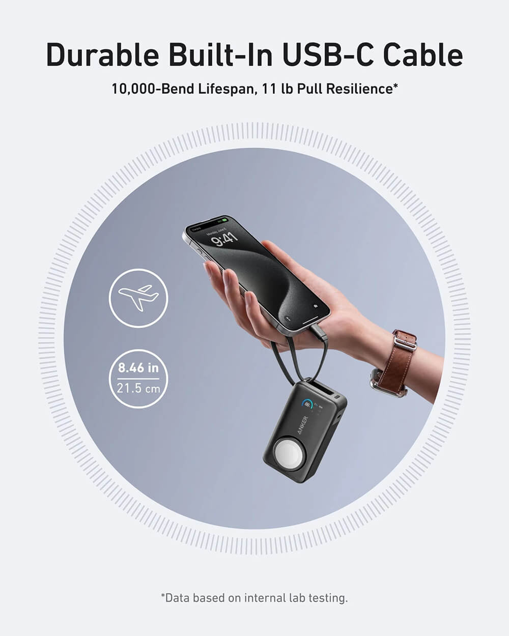 Anker MagOn Powerbank 10000 mAh, 35W z vgrajenim kablom in brezžičnim polnjenjem Apple Watch