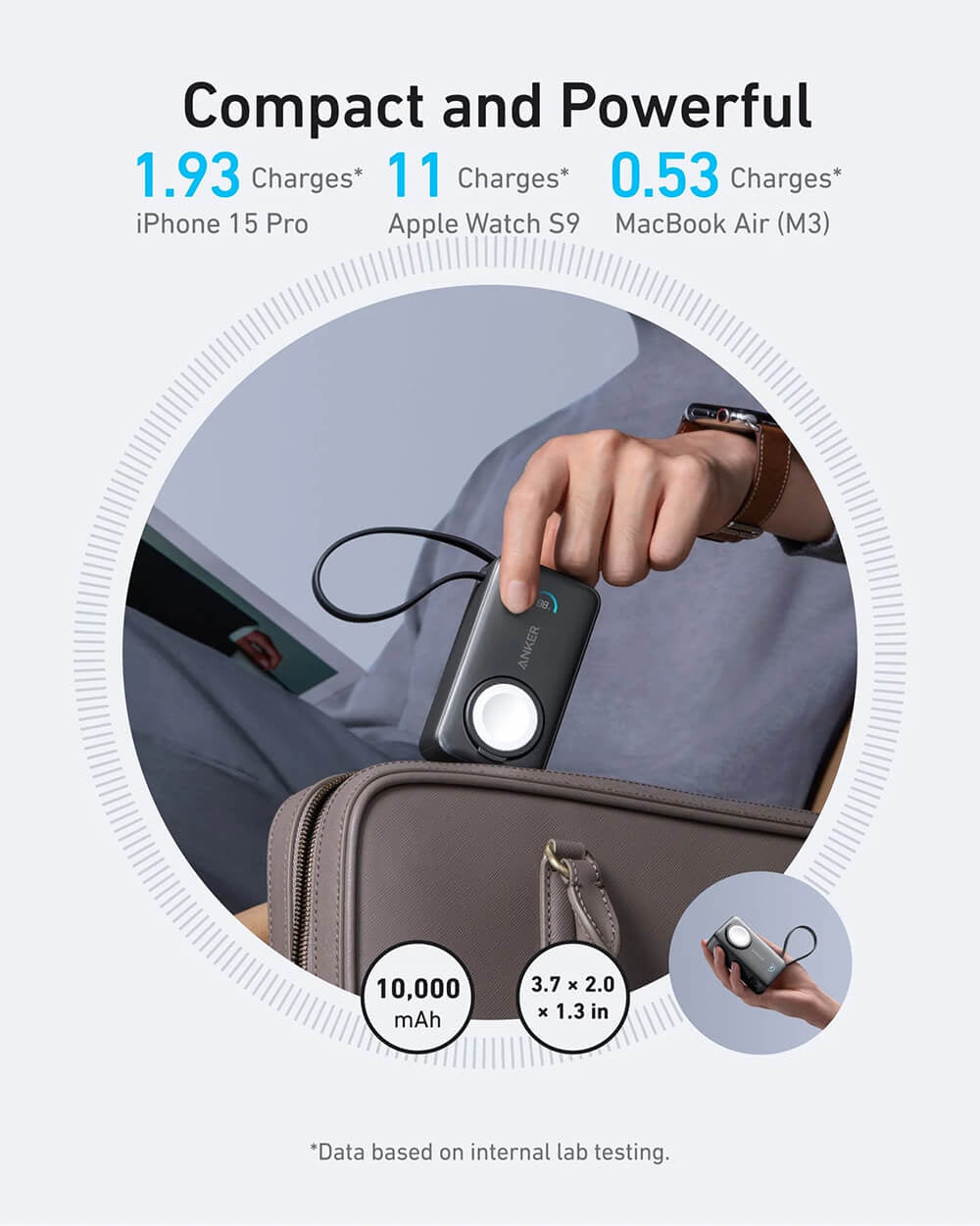 Anker MagOn Powerbank 10000 mAh, 35W z vgrajenim kablom in brezžičnim polnjenjem Apple Watch