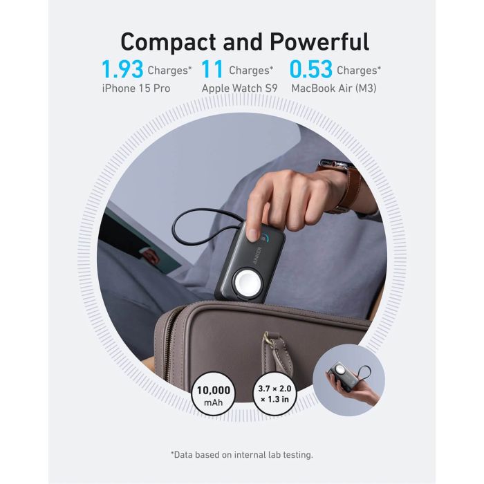 Anker MagOn Powerbank 10000 mAh, 35W z vgrajenim kablom in brezžičnim polnjenjem Apple Watch