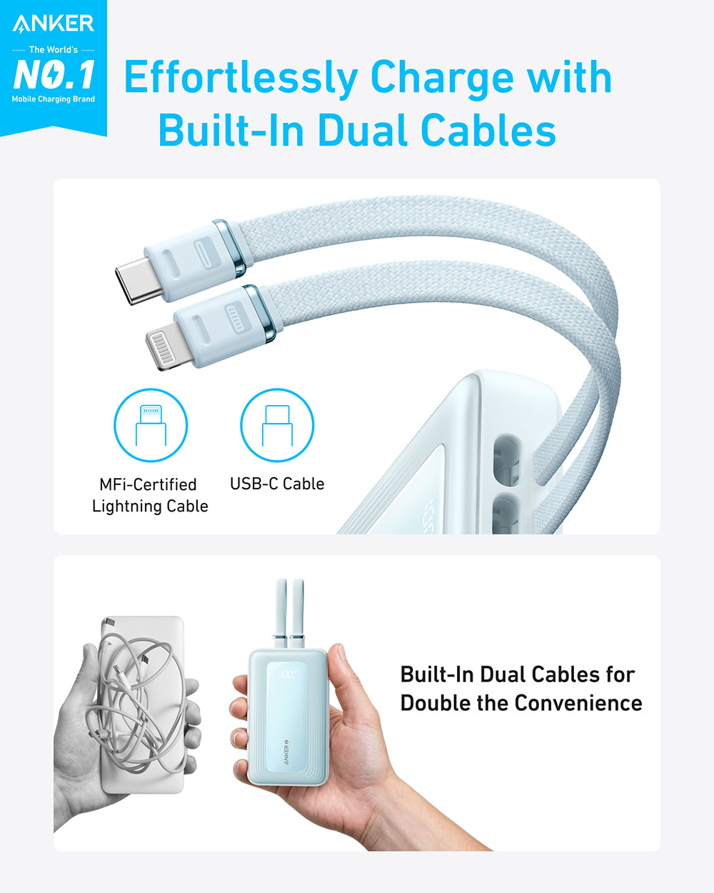 Anker Zolo Powerbank 10000 mAh, 30W z vgrajenima kabloma USB-C + Lightning, moder