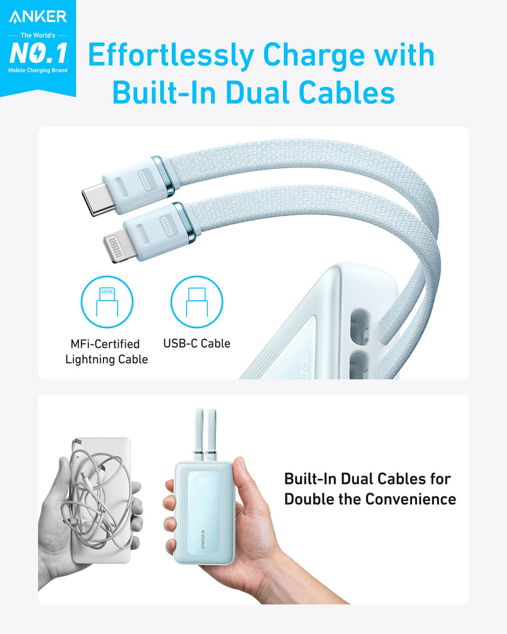 Anker Zolo Powerbank 20000 mAh, 30W z vgrajenima kabloma USB-C + Lightning, moder