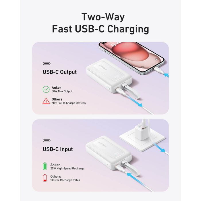 Anker Zolo Powerbank 10000 mAh, 30W z vgrajenim kablom USB-C, črn