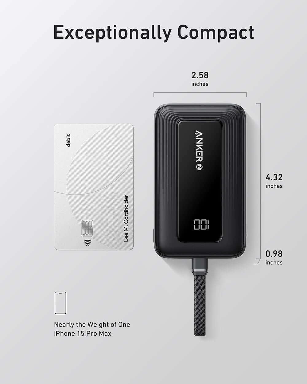 Anker Zolo Powerbank 10000 mAh, 30W z vgrajenim kablom USB-C, črn