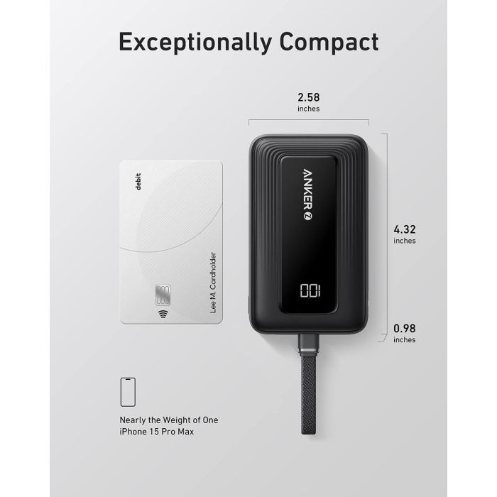 Anker Zolo Powerbank 10000 mAh, 30W z vgrajenim kablom USB-C, črn