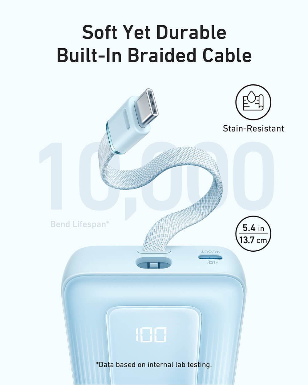 Anker Zolo Powerbank 10000 mAh, 30W z vgrajenim kablom USB-C, moder