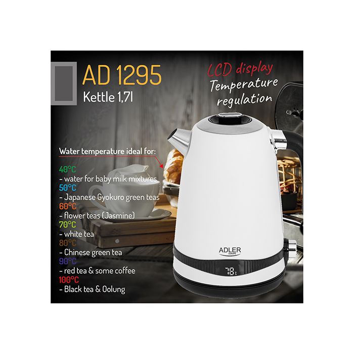 Adler grelnik vode 1,7L z LCD zaslonom/nastavitev temperature bel AD1295w