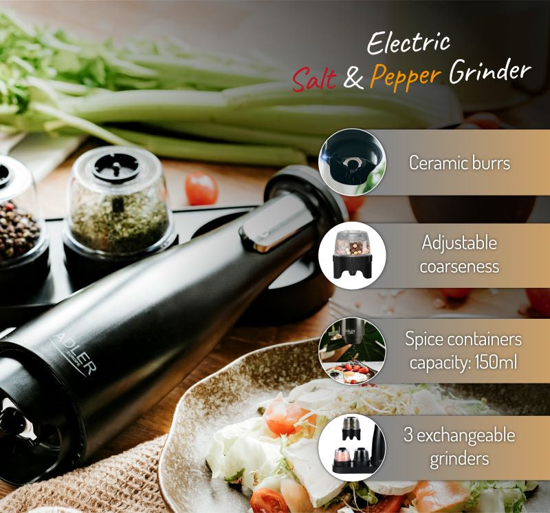 Adler AD4449b Električni mlin za sol in poper -set 3brusilniki -USB črn