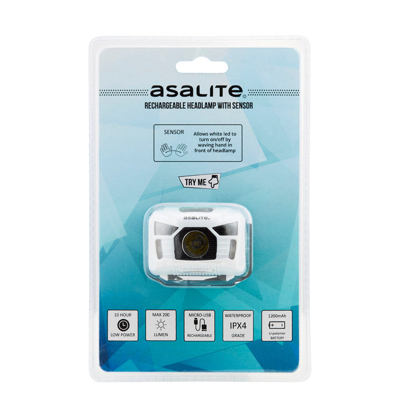 ASALITE naglavna LED svetilka 3W, polnilna, senzor, bela