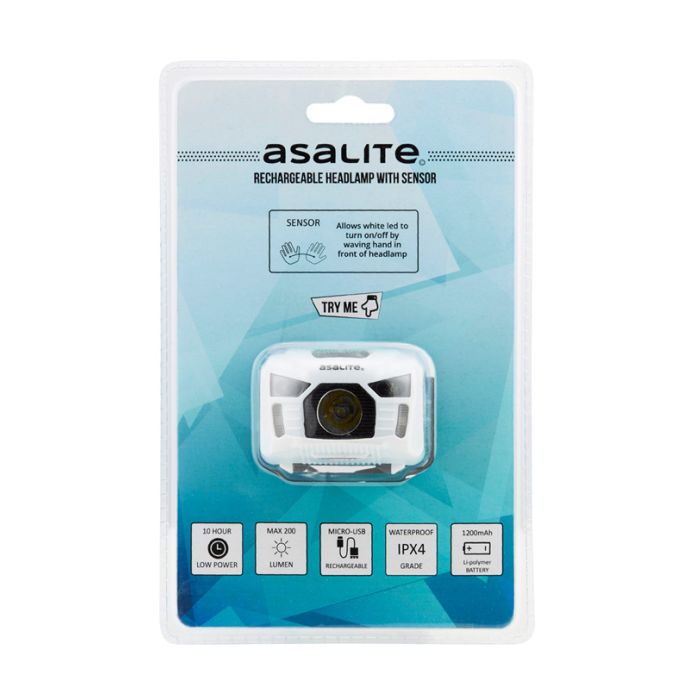 ASALITE naglavna LED svetilka 3W, polnilna, senzor, bela