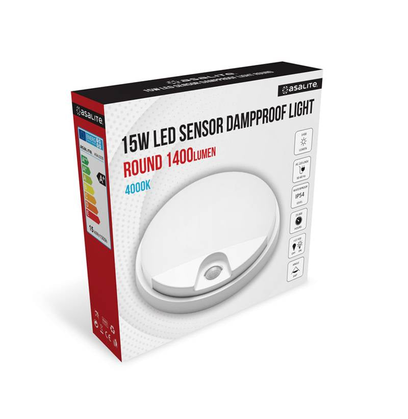 ASALITE stropna LED 15W 4000K, 1400lm, IP54, senzor