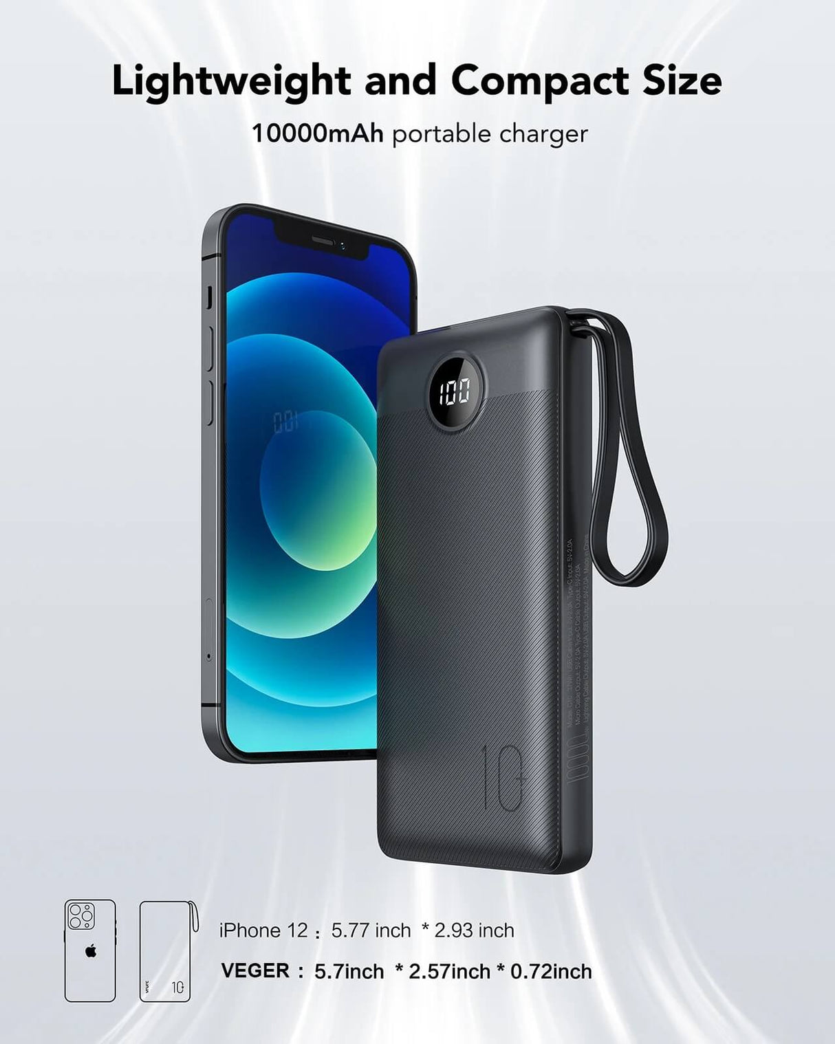 VEGER prenosna baterija z vgrajenimi kabli C10 10000 mAh, črna