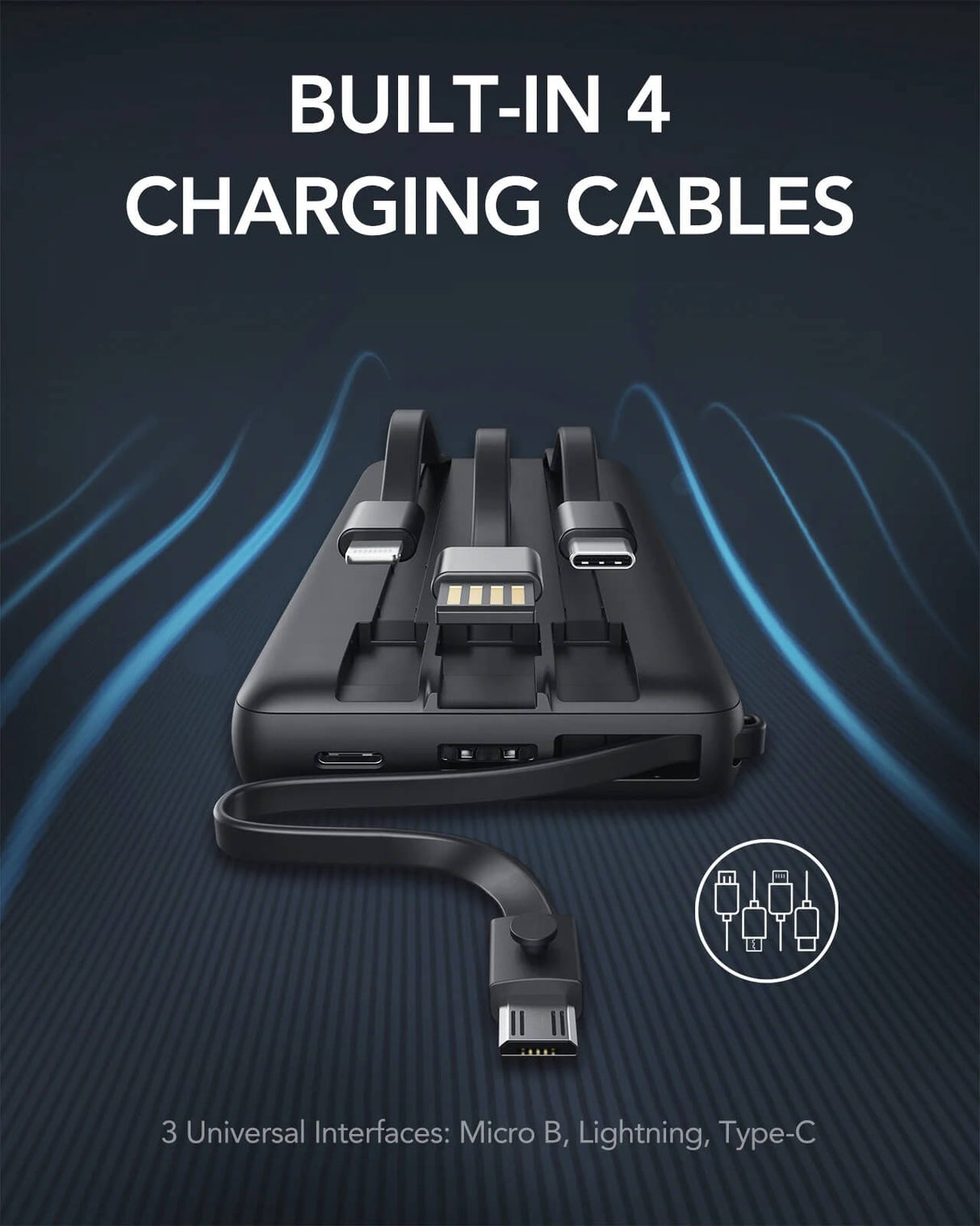 VEGER prenosna baterija z vgrajenimi kabli C20 20000 mAh, črna