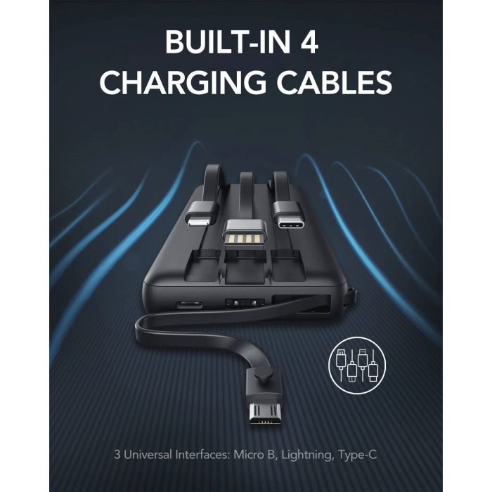 VEGER prenosna baterija z vgrajenimi kabli C20 20000 mAh, črna