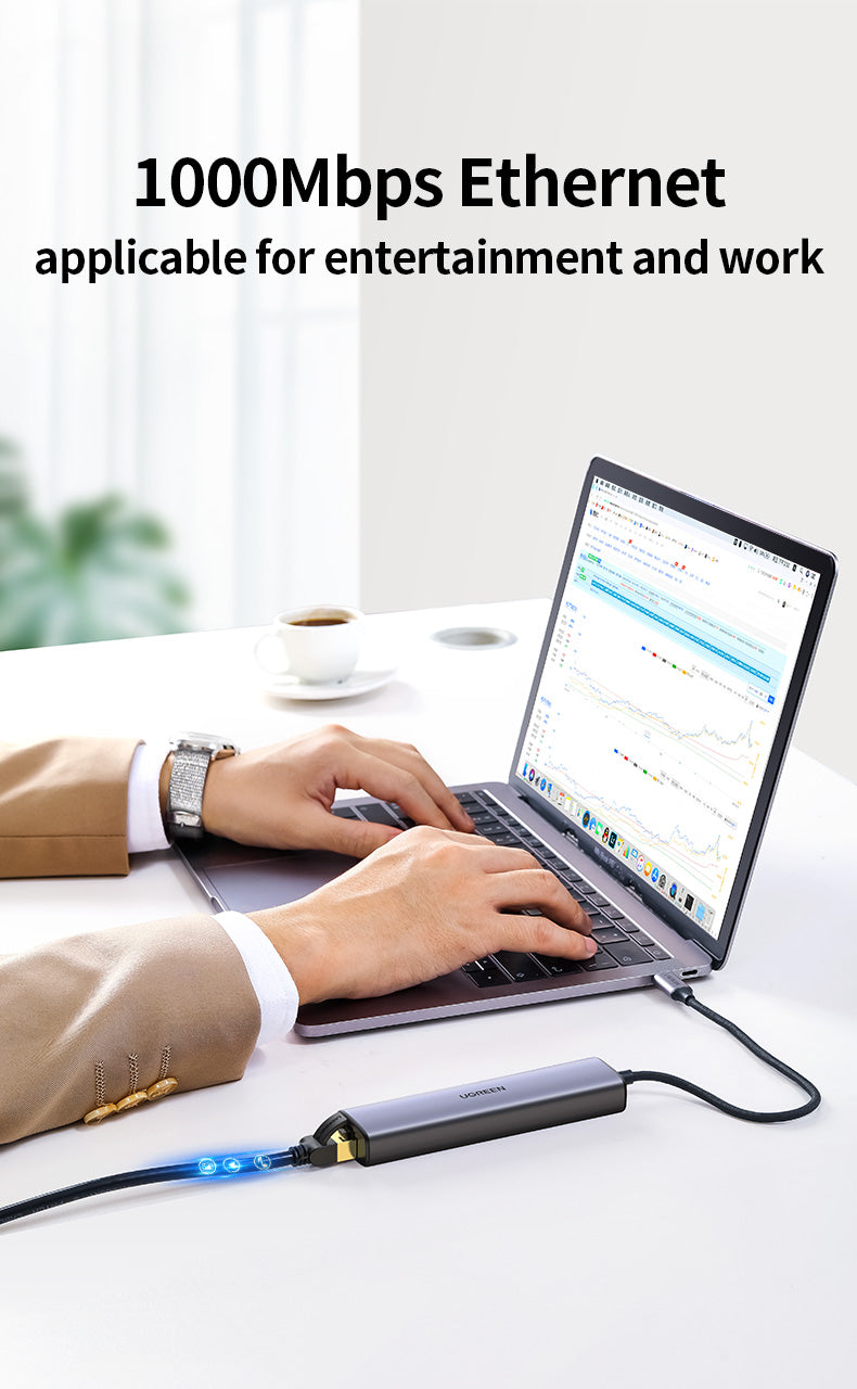 Ugreen USB-C hub, USB3.0 3x+RJ45+USB-C