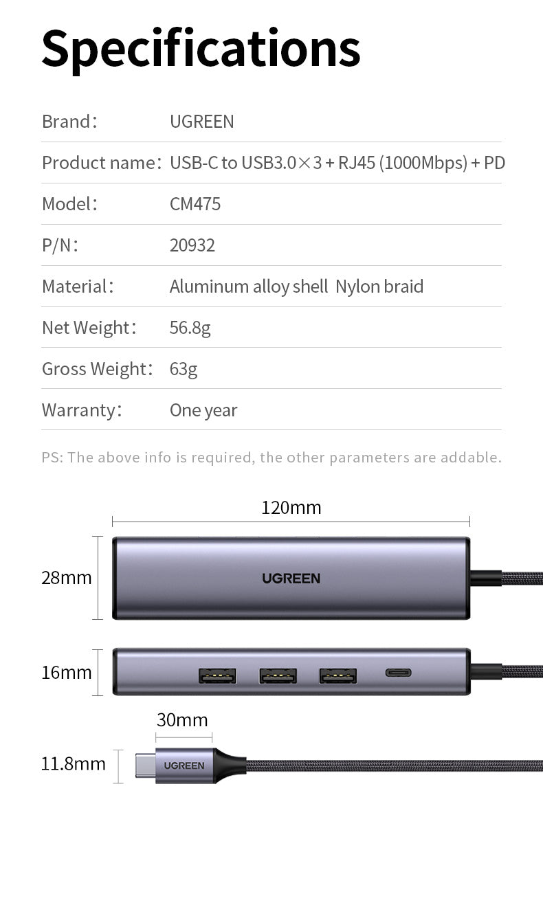 Ugreen USB-C hub, USB3.0 3x+RJ45+USB-C