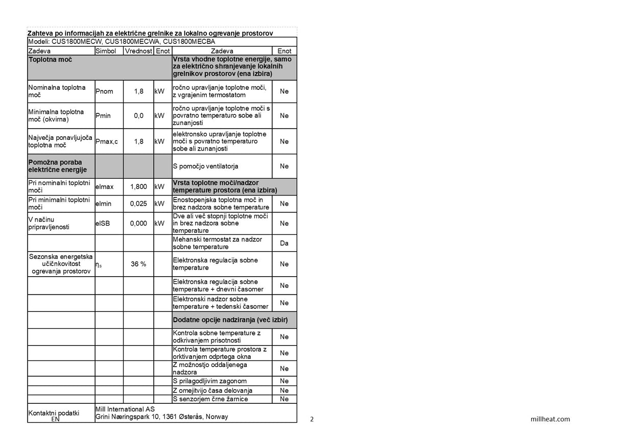 MILL kalorifer PTC 1800W bel CUS1800MECWA