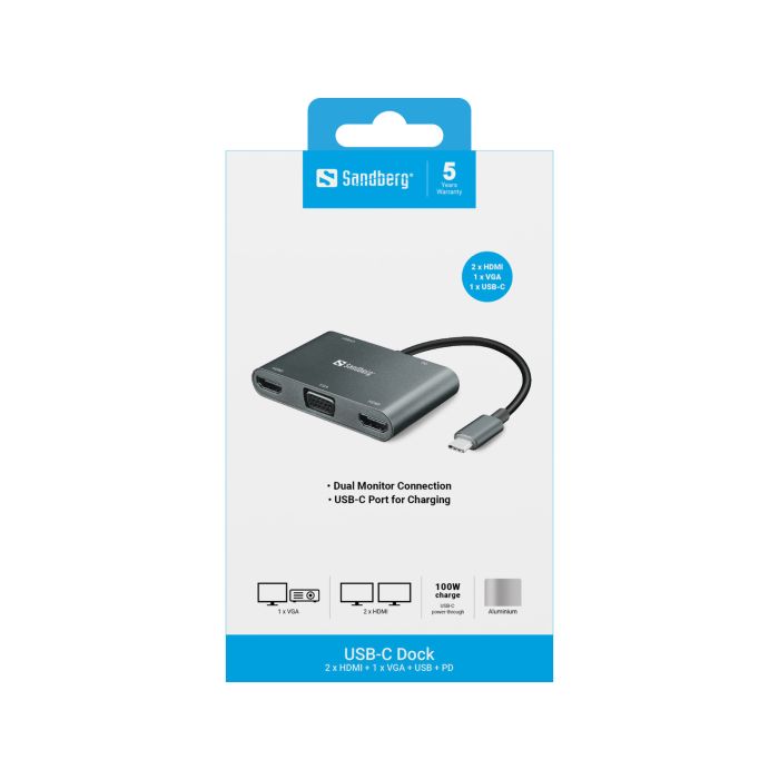 Sandberg USB-C Dock 2xHDMI+1xVGA+USB+PD priklopna postaja