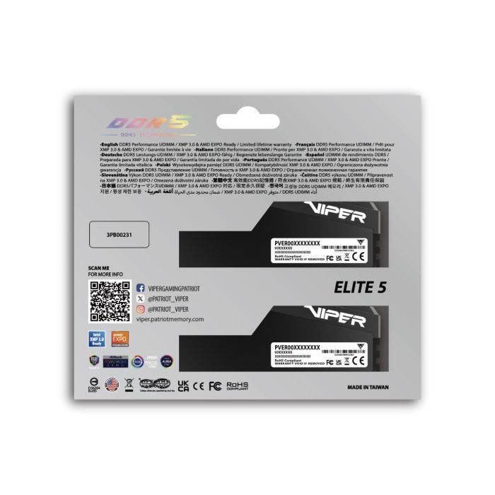 Patriot Viper Elite 5 Ultra RGB Kit 64GB (2x32GB) DDR5-6400 DIMM CL32, 1.4V