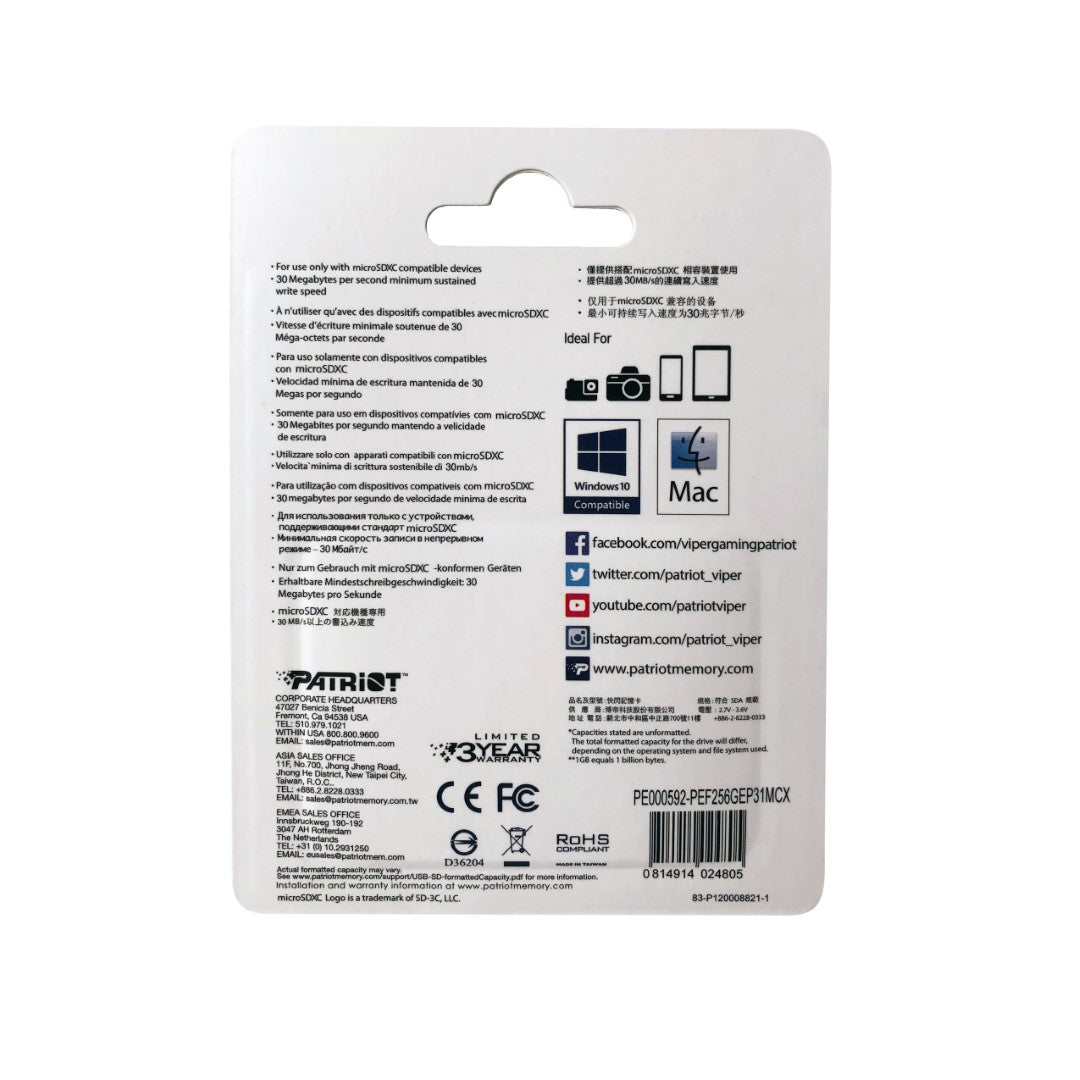 Patriot 256GB EP SDXC A1 / V30 microSD spominska kartica, 100MBs