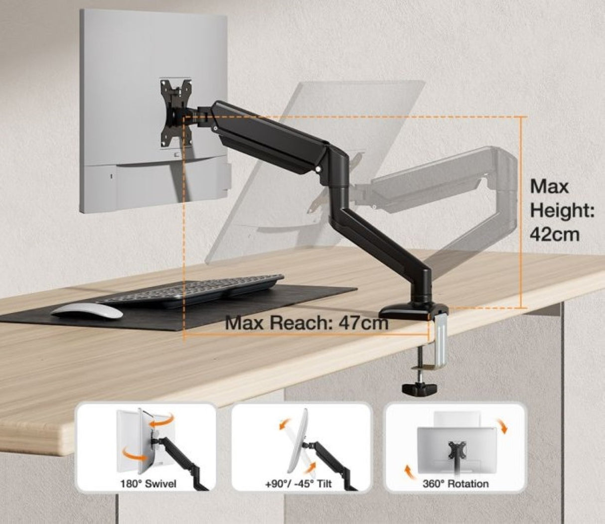 VonHaus enojni namizni nosilec do diagonale 32'' plinska vzmet 3000914