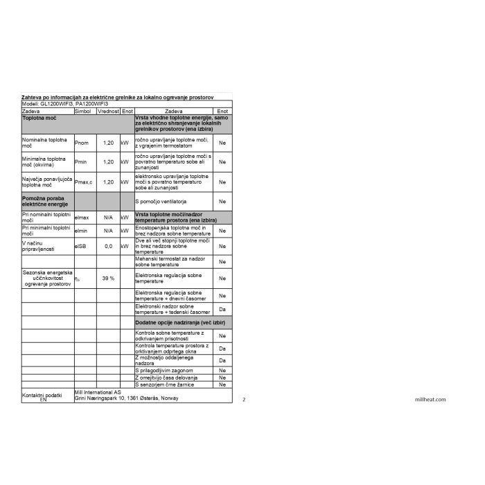 MILL panelni konvekcijski radiator Wi-Fi 1200W steklo GL1200WIFI3B