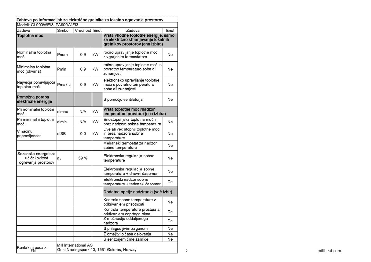 MILL panelni konvekcijski radiator Wi-Fi 900W bel steklo GL900WIFI3
