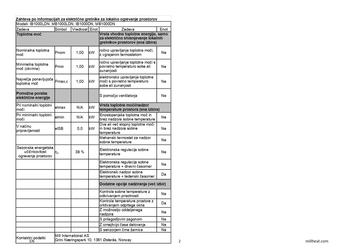 MILL panelni konvekcijski radiator Wi-Fi 1000W jeklo low profile