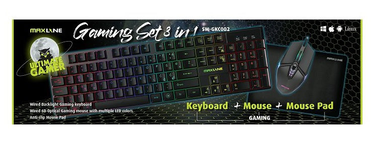 MAXLINE gaming komplet 3v1 (tipkovnica+miška+podloga) SW-GKC002 / SLO