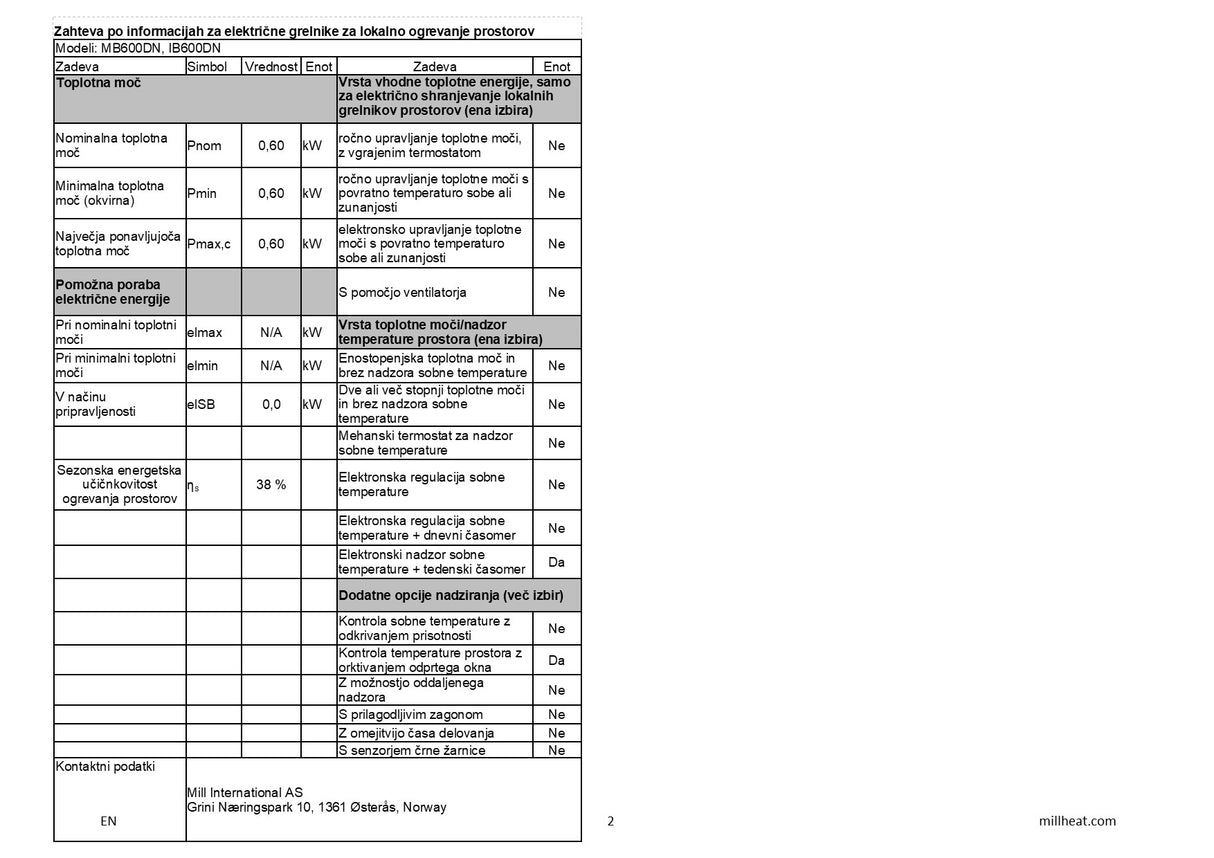 MILL panelni konvekcijski radiator 600W bel steklo X MB600DN